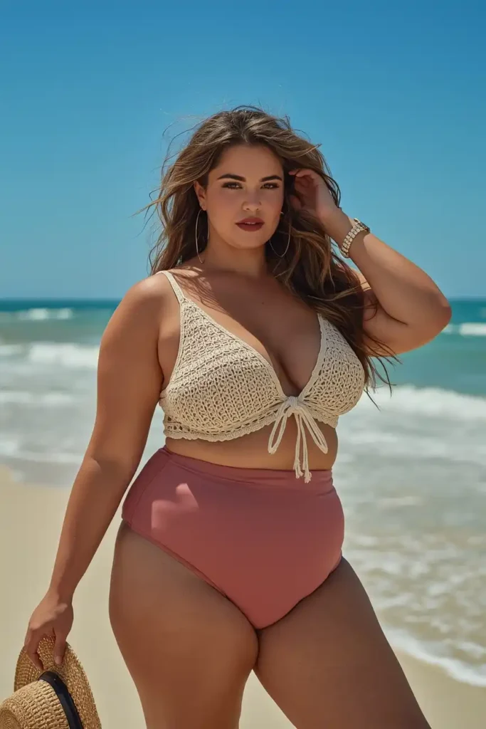 High-Waisted Bikini Bottoms with a Cropped Crochet Top