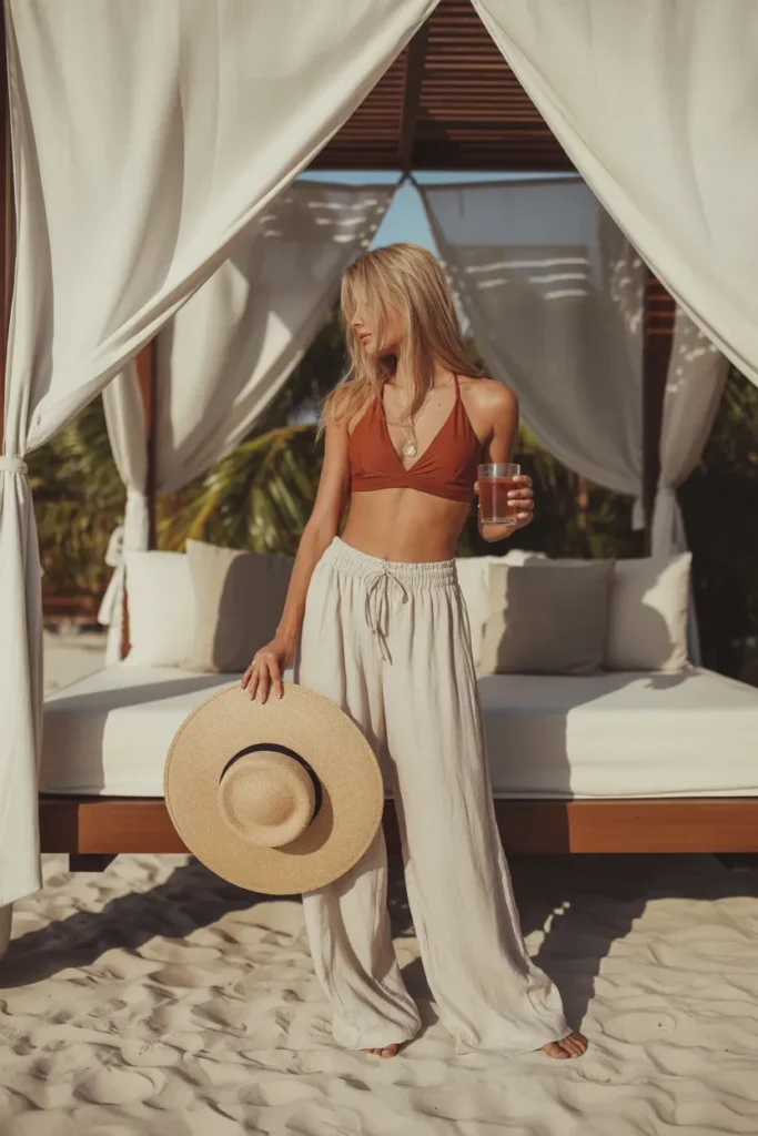 High-Waisted Bikini Paired with Wide-Leg Linen Pants