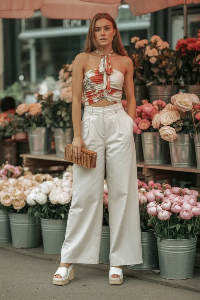 High-Waisted Trousers and a Floral Halter Top