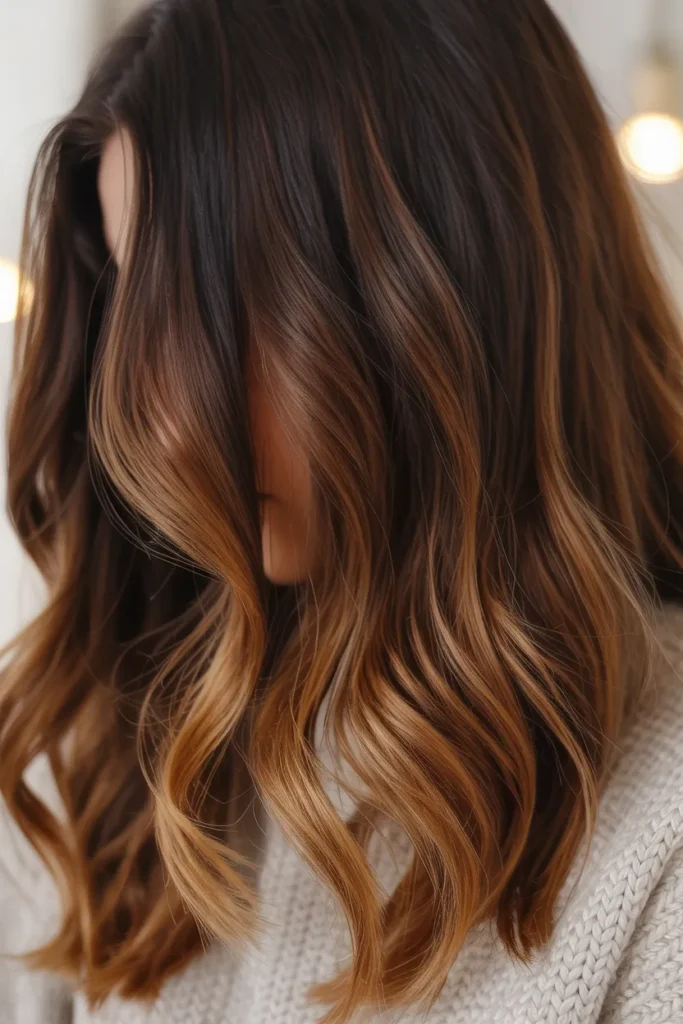 Honey Caramel Balayage on Dark Brown Hair