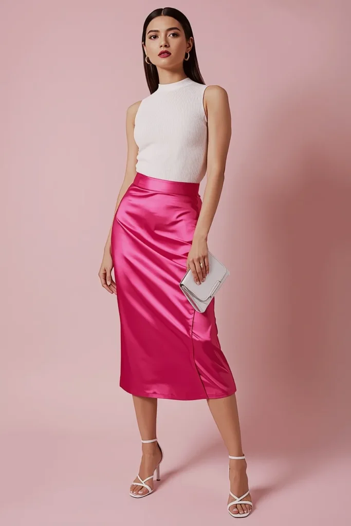 Hot Pink Satin Midi Skirt with White Bodysuit