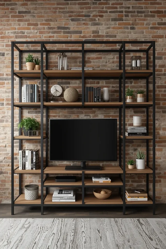 Industrial-Style TV Wall Unit With Black Metal Frames