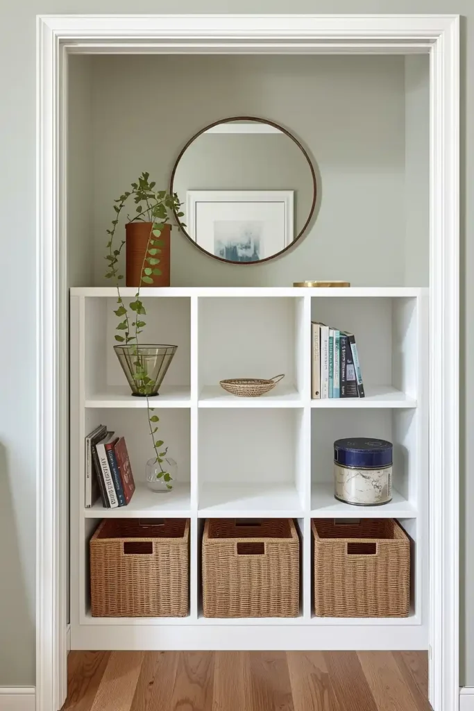 KALLAX Shelf Unit Styled as a Bedroom Entryway Storage Wall