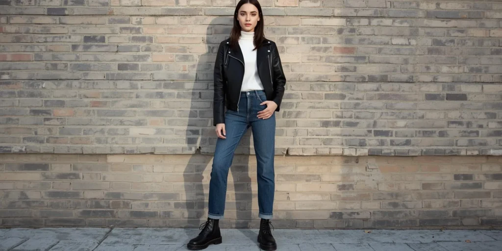 Leather Jacket with Turtleneck and Straight Jeans