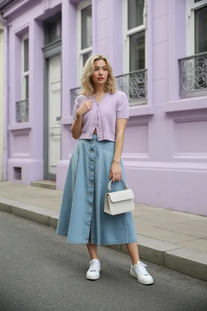 Light-Wash Denim Skirt With a Cropped Cardigan