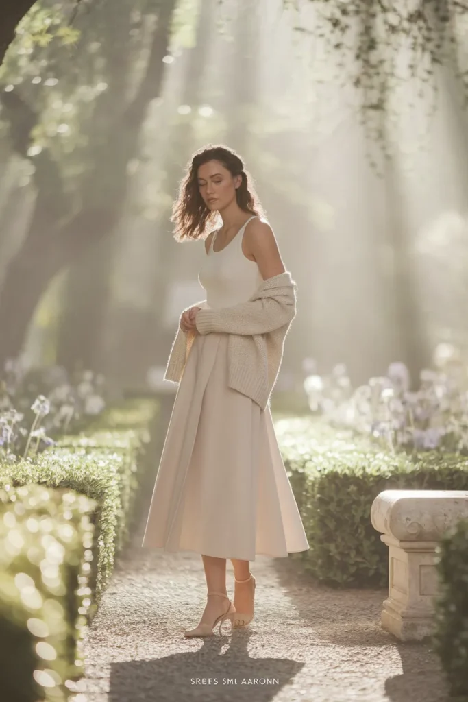 Lightweight Cashmere Sweater Draped Over Shoulders with Midi Skirt