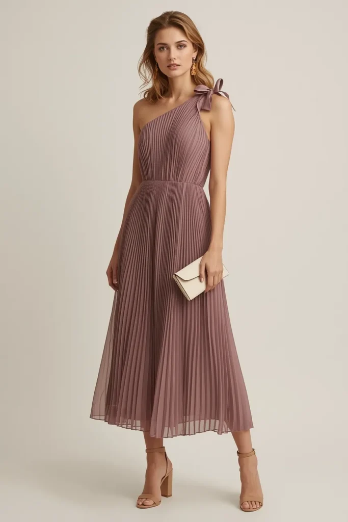 Mauve Pleated Chiffon Dress With Bow Detail