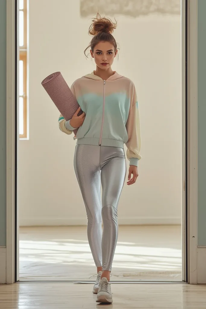 Metallic Leggings With an Oversized Zip-Up Jacket