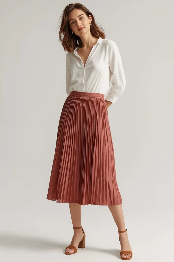 Midi Skirt with a Tucked-In Blouse