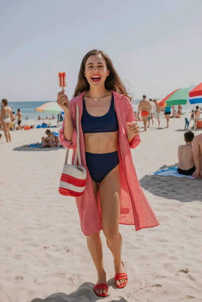 Navy Bikinis with Red and White Accessories for Summer Celebrations