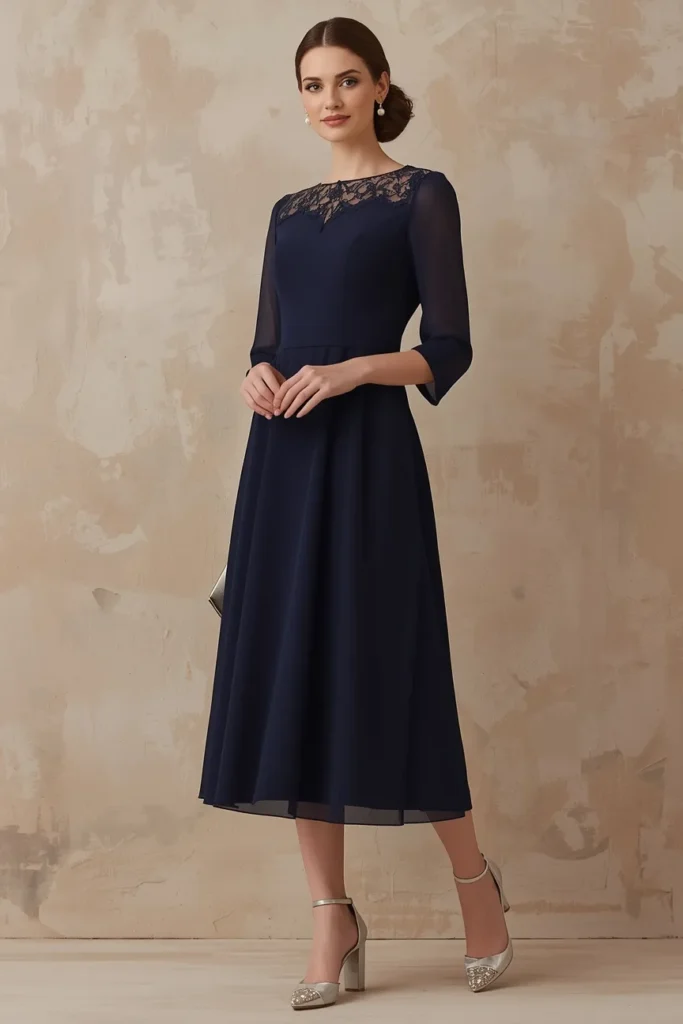 Navy Blue A Line Dress With Lace Detail