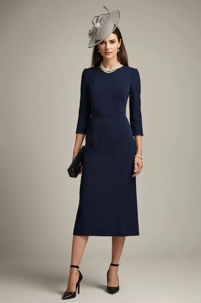 Navy Dress with Classic Pearl Accessories