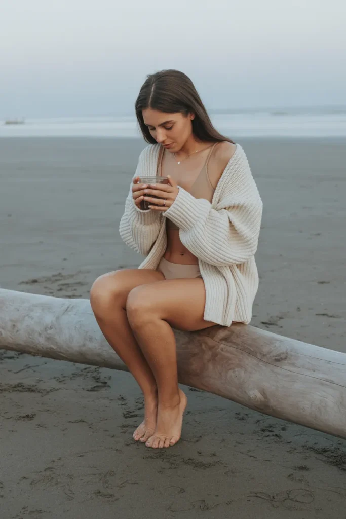 Neutral Bikini Sets with Oversized Knitwear for Cooler Beach Days