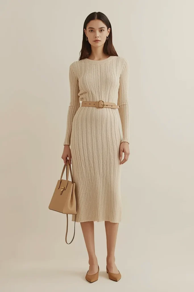 Neutral Knit Dress with Leather Belt