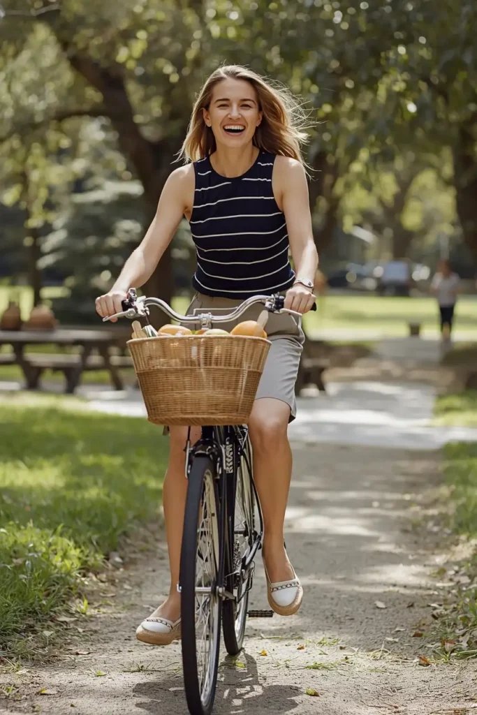 Neutral Tailored Shorts with a Striped Tank