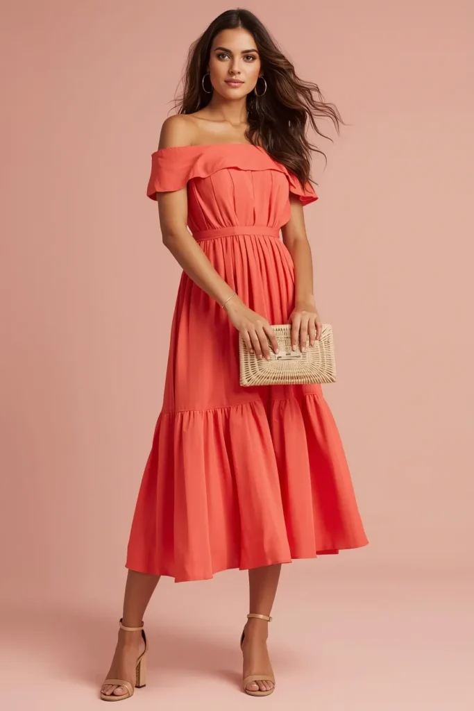 Off Shoulder Coral Dress With Tiered Skirt
