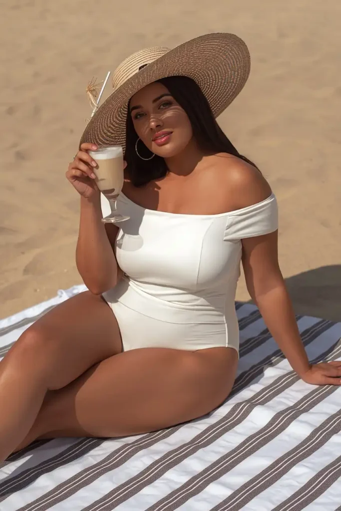 Off-Shoulder Swimsuit with a Wide-Brimmed Hat