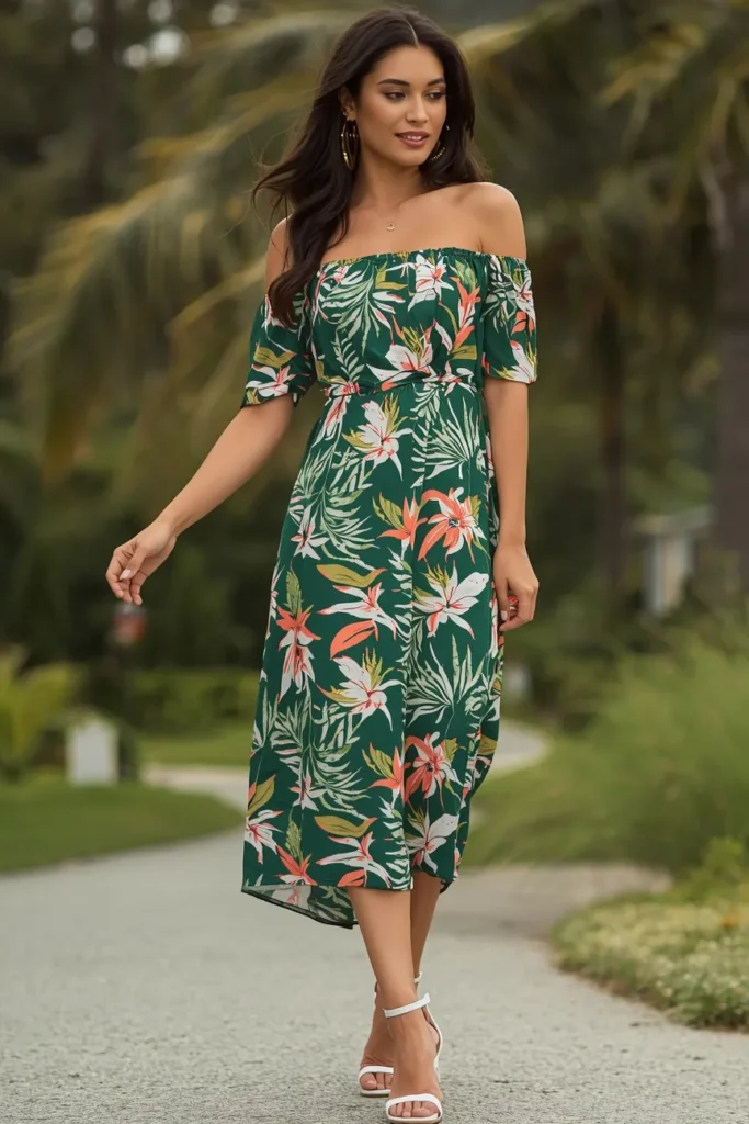 Off-the-Shoulder Dress in a Tropical Print