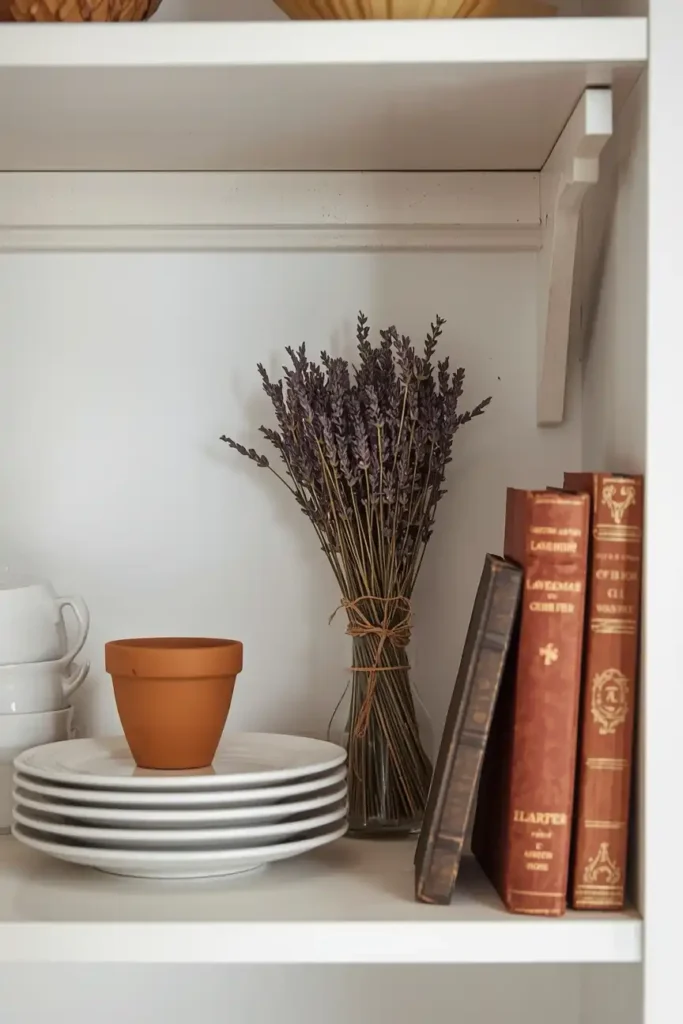 Open Shelf Styling With Stacked White Dishes