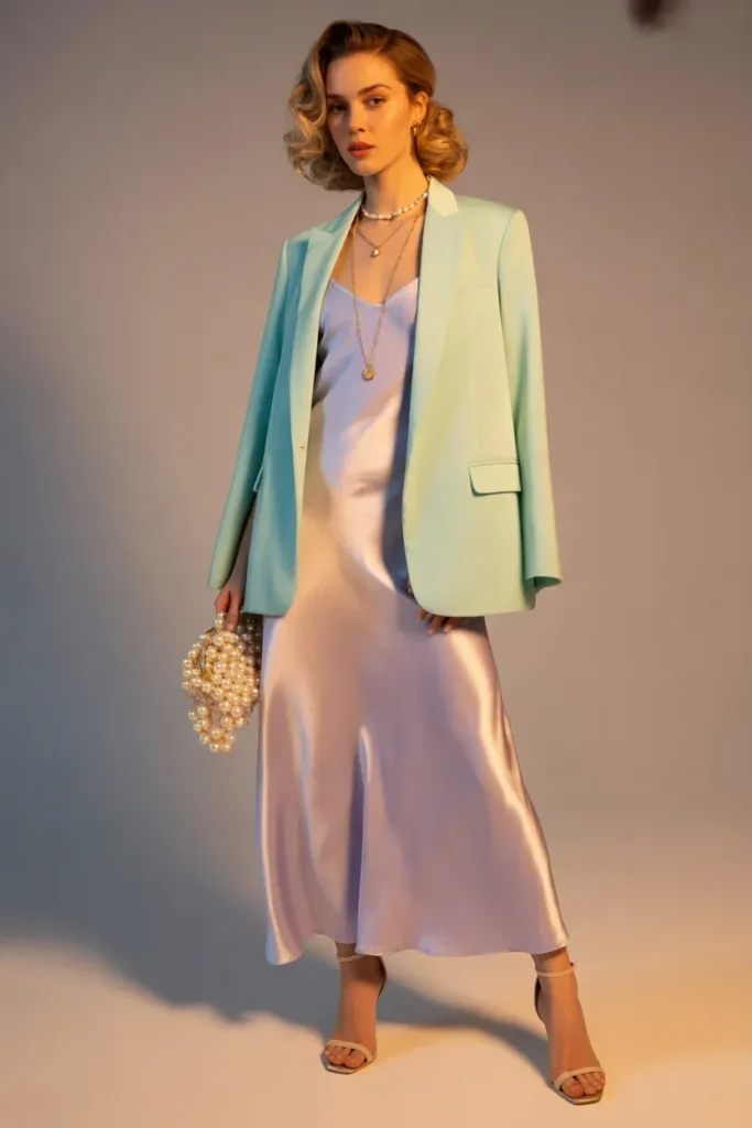 Pastel Blazer Over Satin Slip Dress