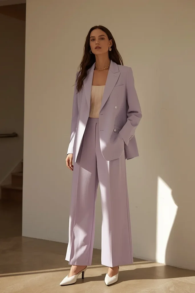 Pastel Blazer Set with Wide-Leg Trousers