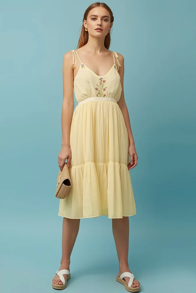 Pastel Yellow Sundress with Floral Embroidery