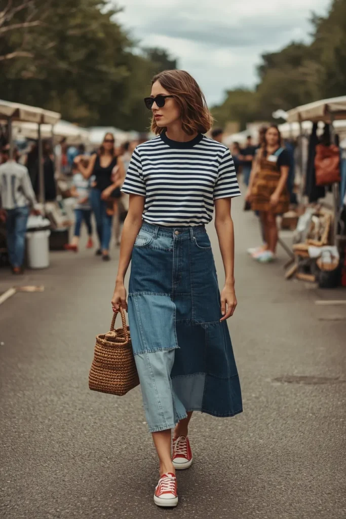 Patchwork Denim Skirt and Striped Breton Top