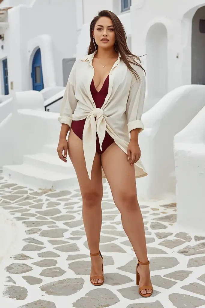 Plunge Neck One-Piece with a Belted Linen Shirt