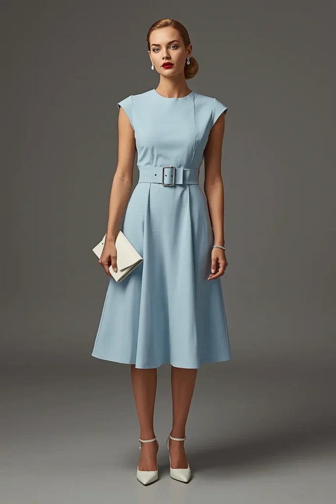 Powder Blue A Line Dress with Belt Detail