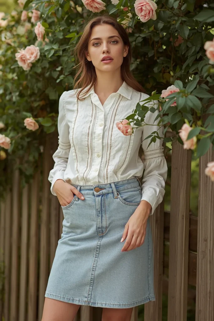 Prairie Blouse Tucked Into a Denim Skirt