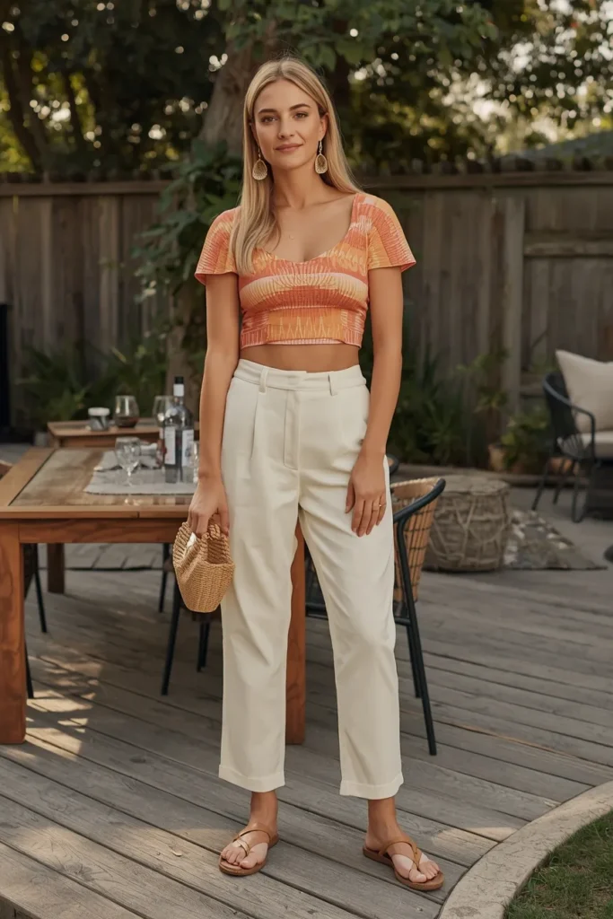 Printed Crop Top with High-Waisted Linen Trousers