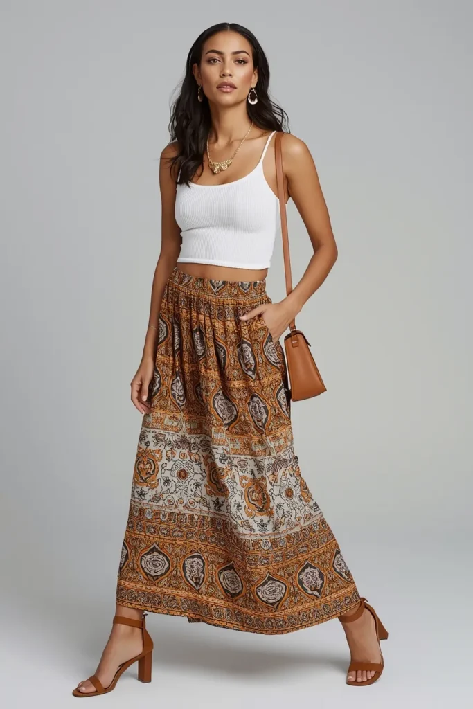 Printed Maxi Skirt With a Simple Fitted Top