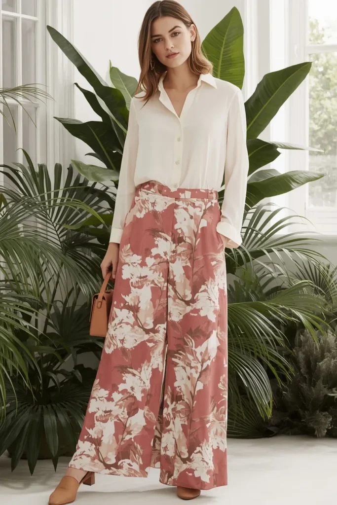 Printed Wide-Leg Pants With a Neutral Fitted Blouse