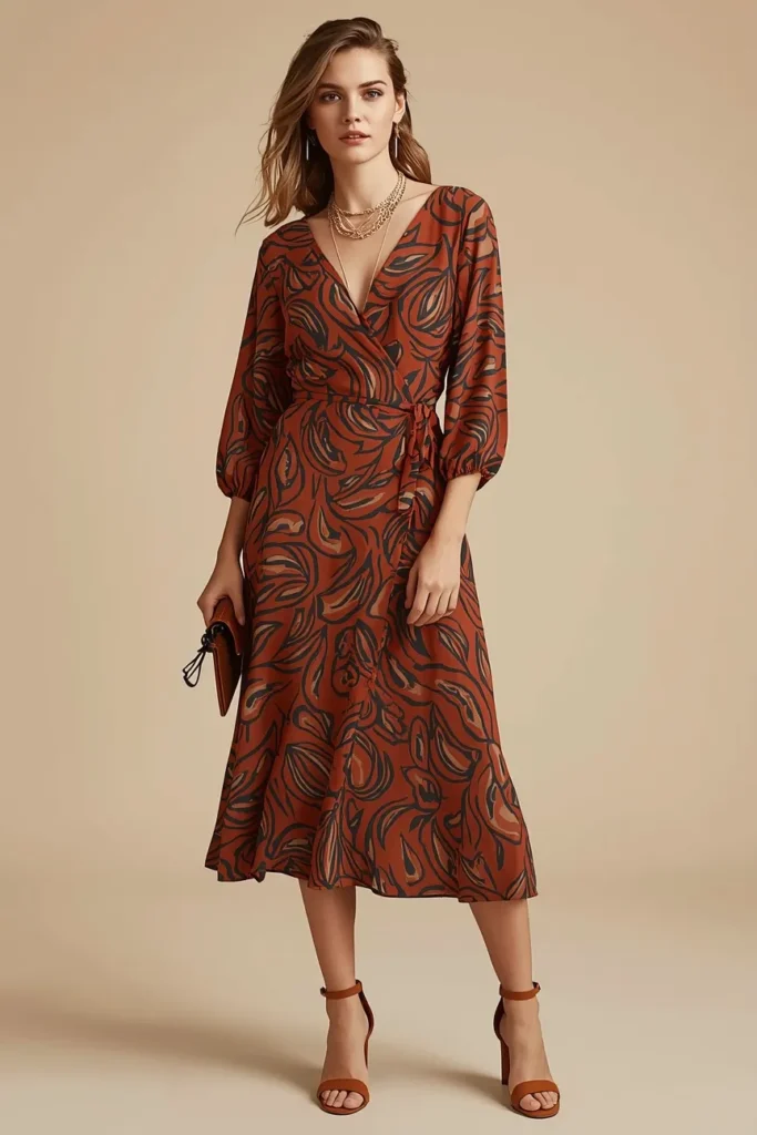 Printed Wrap Dress in Warm Rust Tones