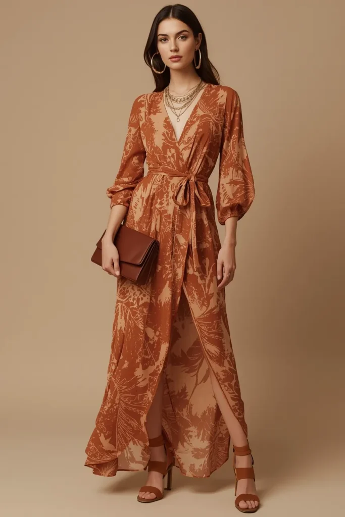 Printed Wrap Maxi Dress in Warm Tones