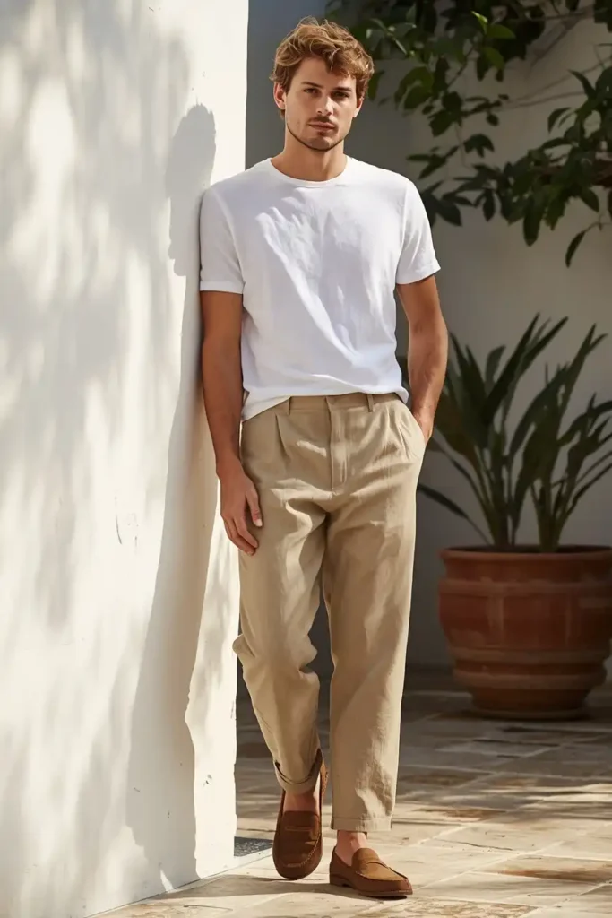 Relaxed Linen Trousers with a Fitted Crew Neck Tee