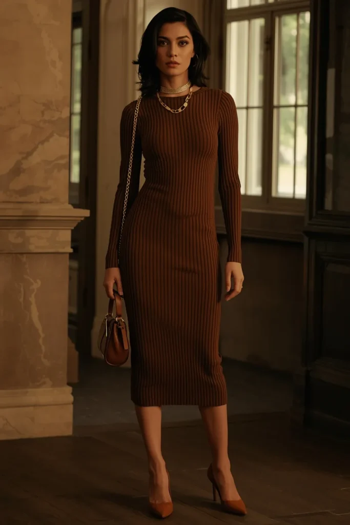 Ribbed Knit Dress in Chocolate Brown