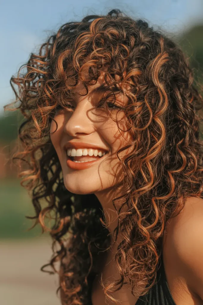 Rich Caramel Highlights on Curly Brown Hair