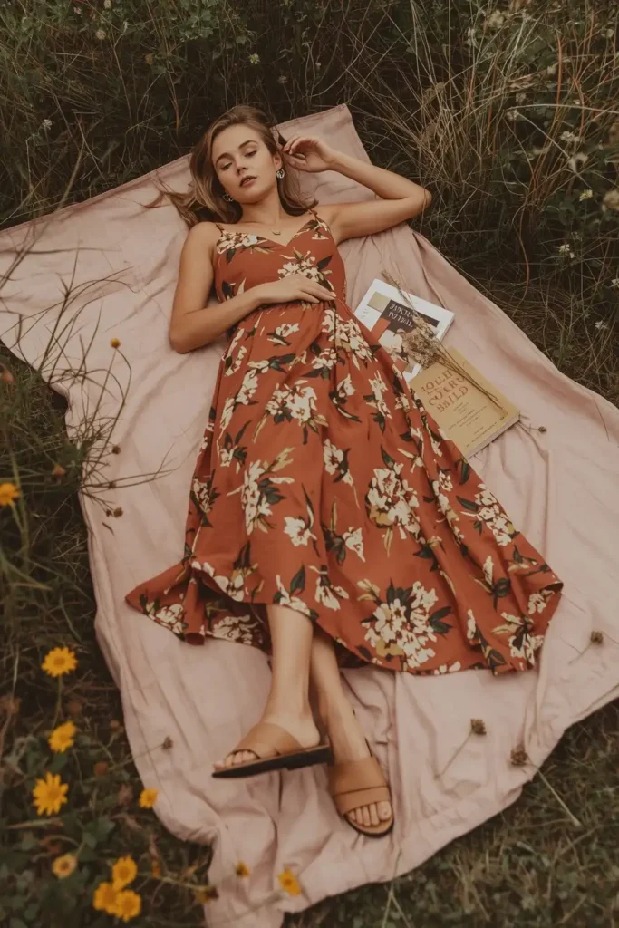 Romantic Floral Midi Dress in Warm Tones
