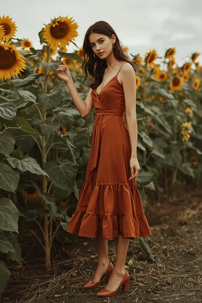 Ruffle Hem Midi Dress in Warm Terracotta