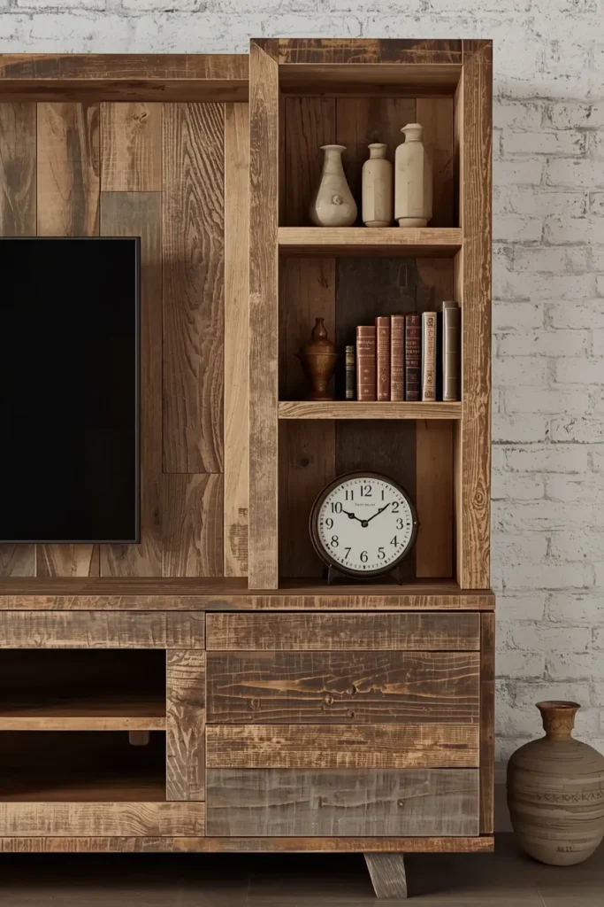 Rustic Reclaimed Wood TV Wall Unit With Vintage Charm