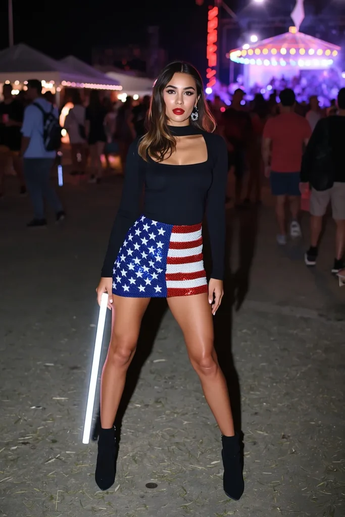 Sequin Flag Mini Skirt and Black Bodysuit