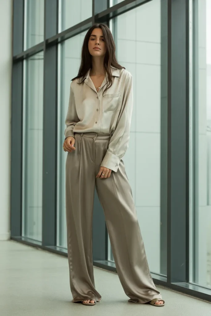 Silk Button-Down with Wide-Leg Pants