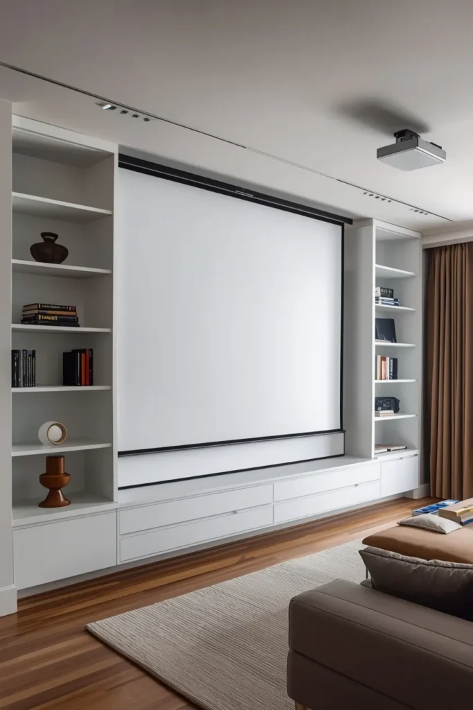 Smart TV Wall Unit With Hidden Projector and Screen Setup