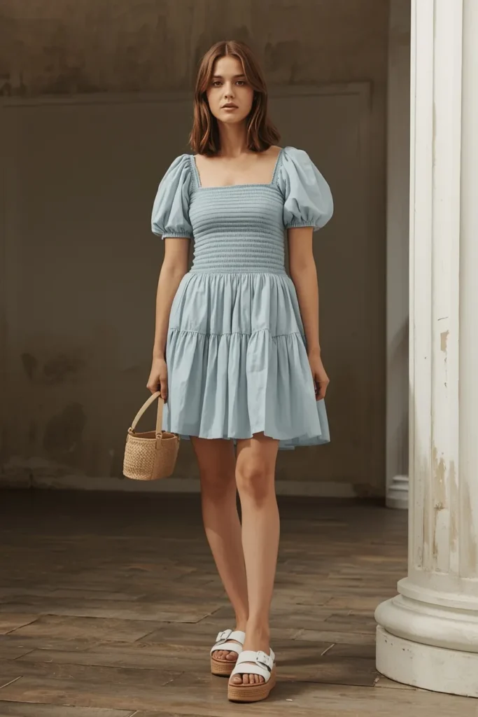 Smocked Dress with Puffed Sleeves