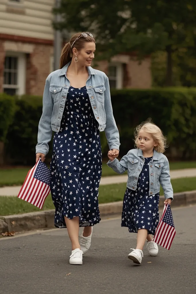 Star-Spangled Midi Dress with Denim Jacket