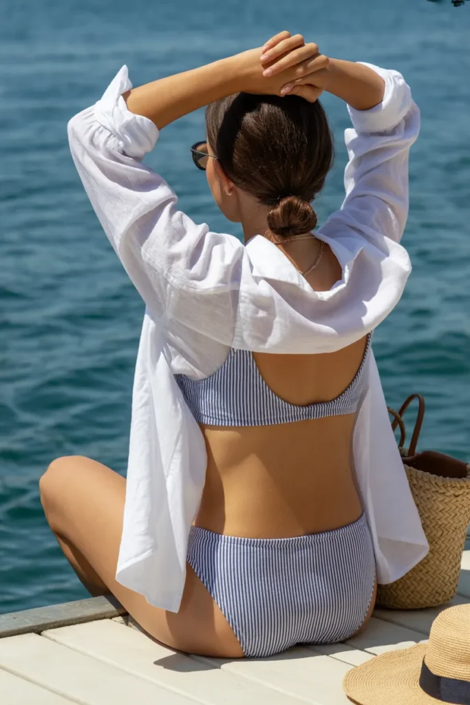 Striped Bikini Topped with a Crisp Linen Button-Down