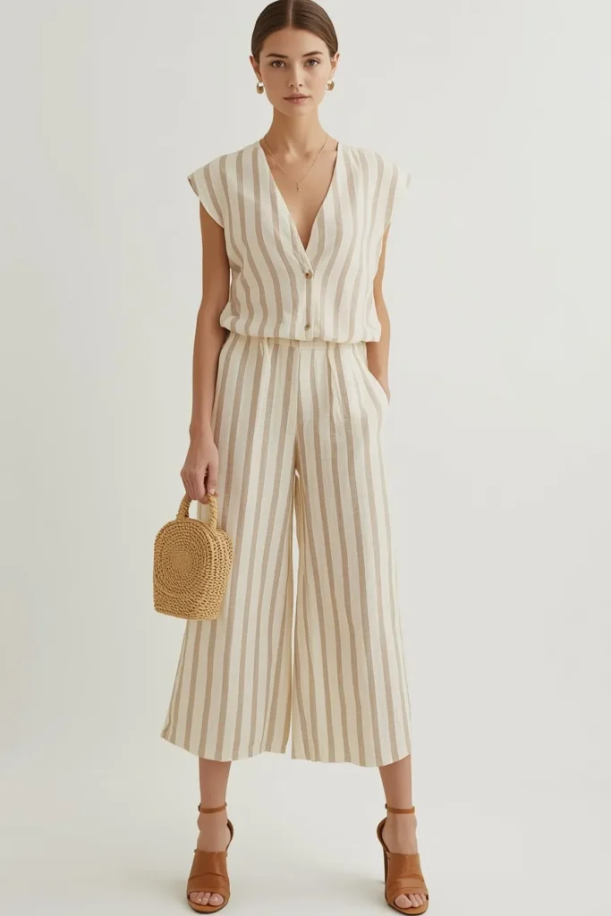 Striped Linen Co Ord Set in Neutral Tones