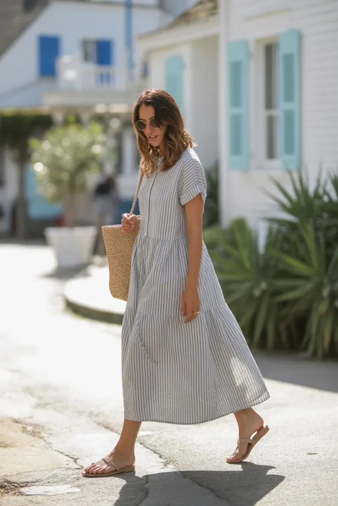 Striped Linen Dress with Sandals