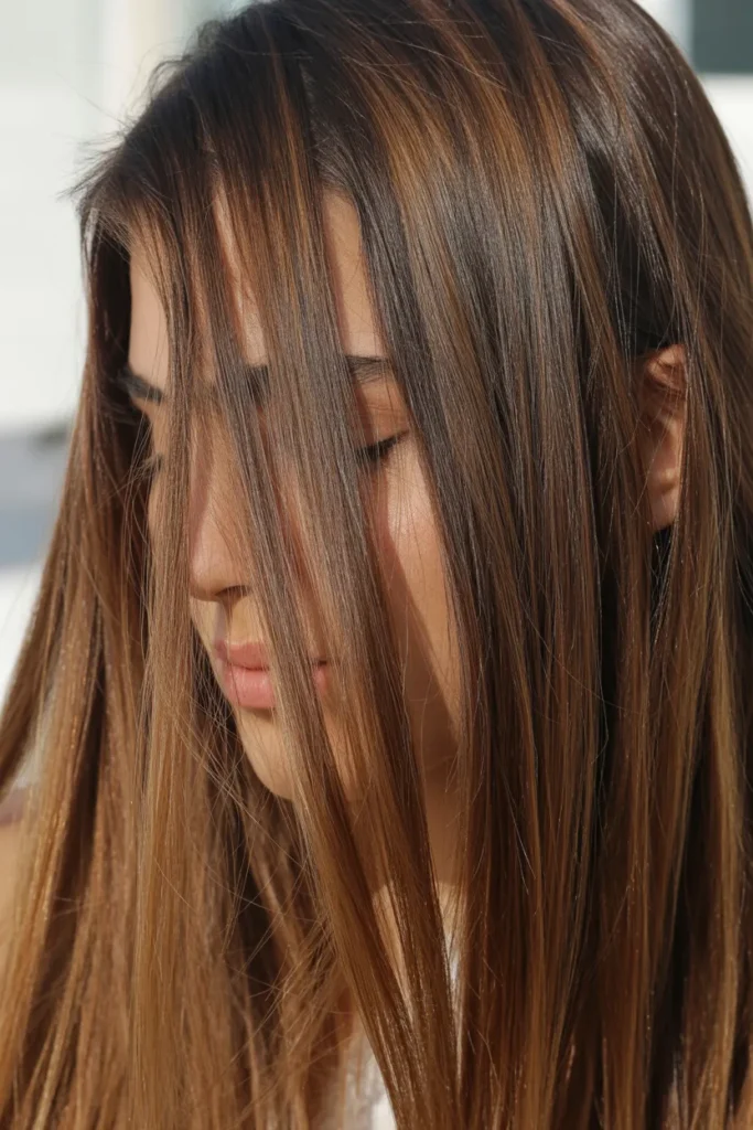 Sun-Kissed Caramel Highlights for Straight Brown Hair